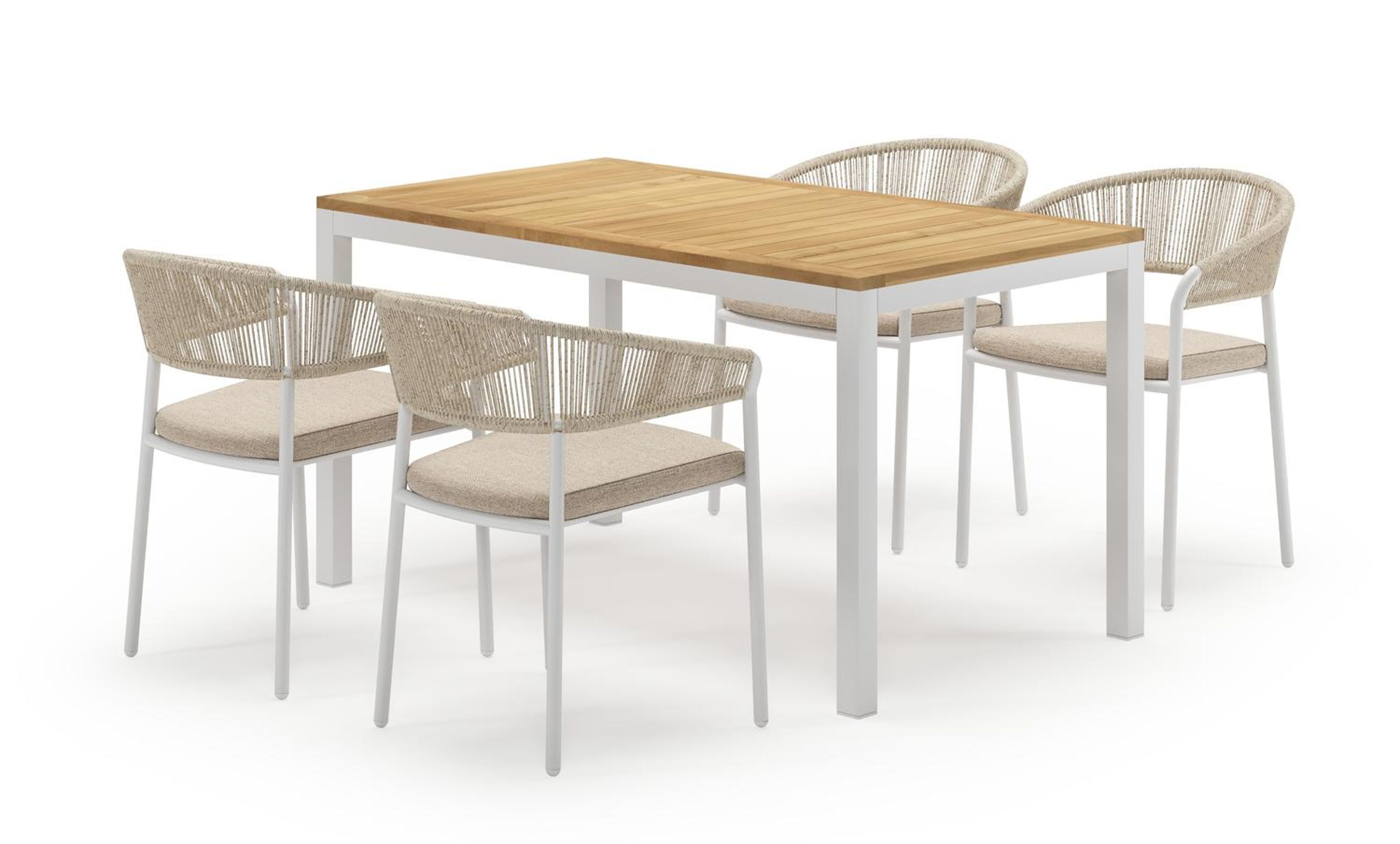 Feltro rechthoekige tuinset in wit aluminium en teak natural finish met 4 Zamora tuinstoelen