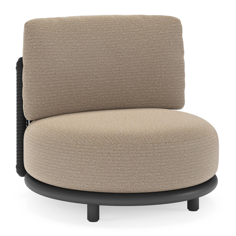 Lomano loungestoel in zwart aluminium en beige verticaal geweven luxe vlakke rope met firenze earth all weather solica kussen