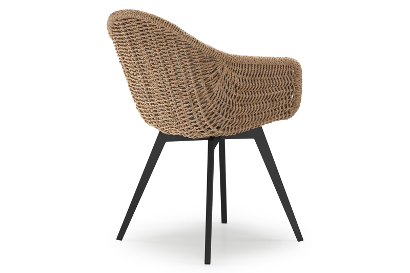 Chaise de jardin Pagino en aluminium noir et résine tressée ronde naturel avec coussin en All Weather Sunbrella® Luxe Wander Manioc