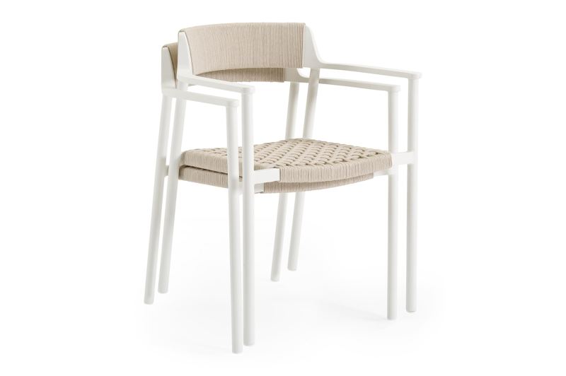 Fiordo tuinstoel in wit aluminium en beige vierkant geweven ronde rope 