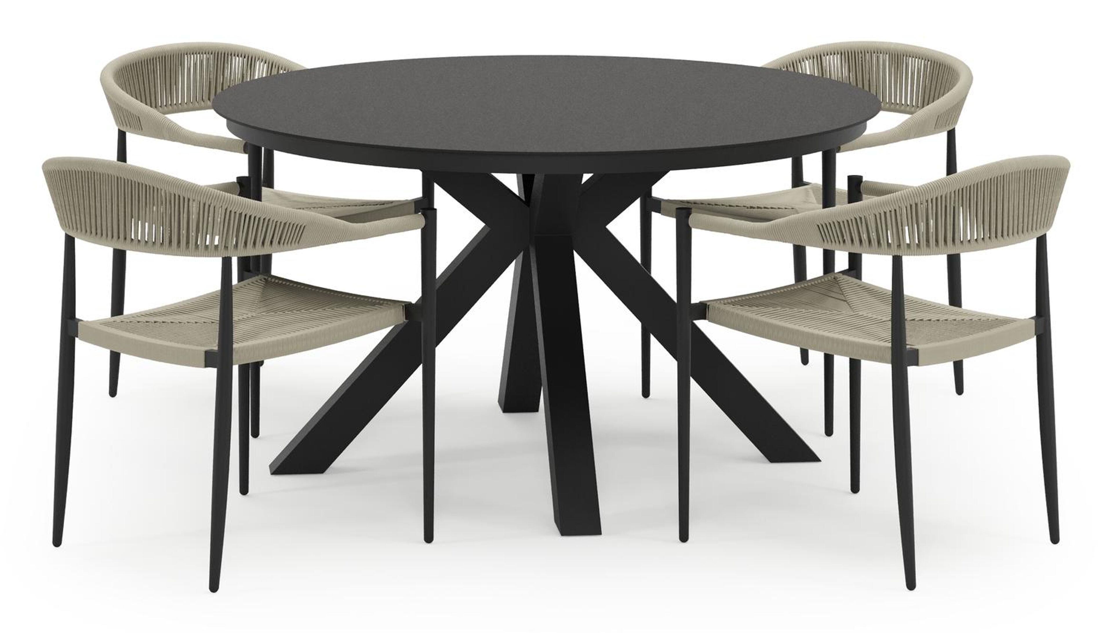 Tora tuinset in zwart aluminium en zwart sintered stone met 4 stapelbare Guarda tuinstoelen