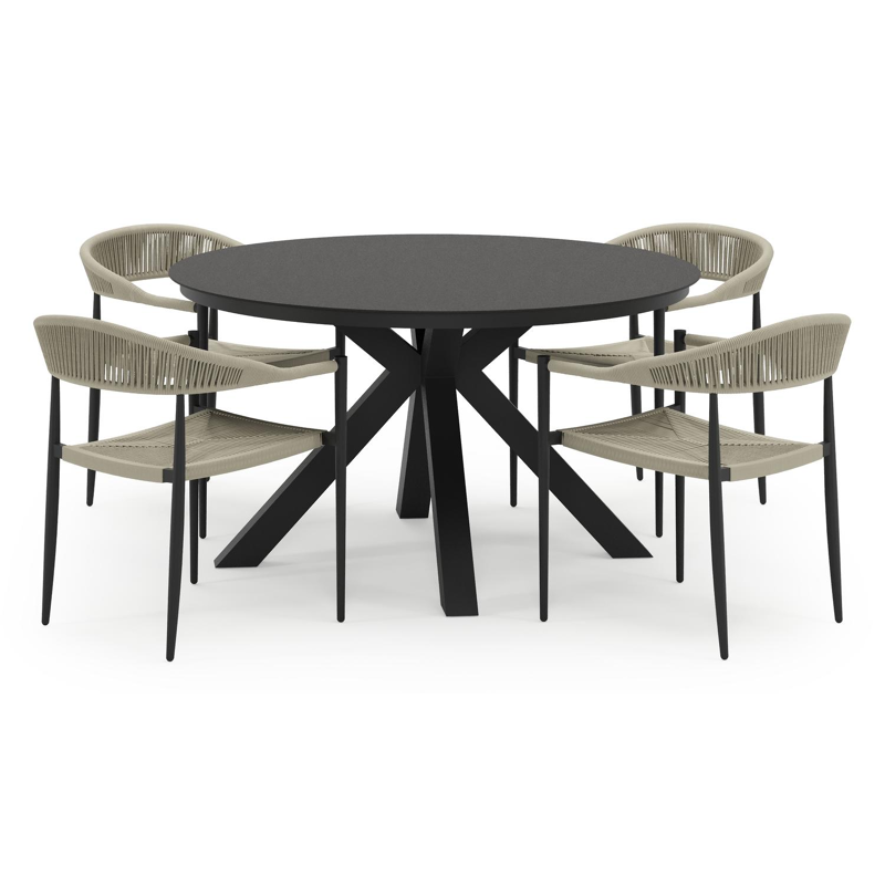 Tora tuinset in zwart aluminium en zwart sintered stone met 4 stapelbare Guarda tuinstoelen