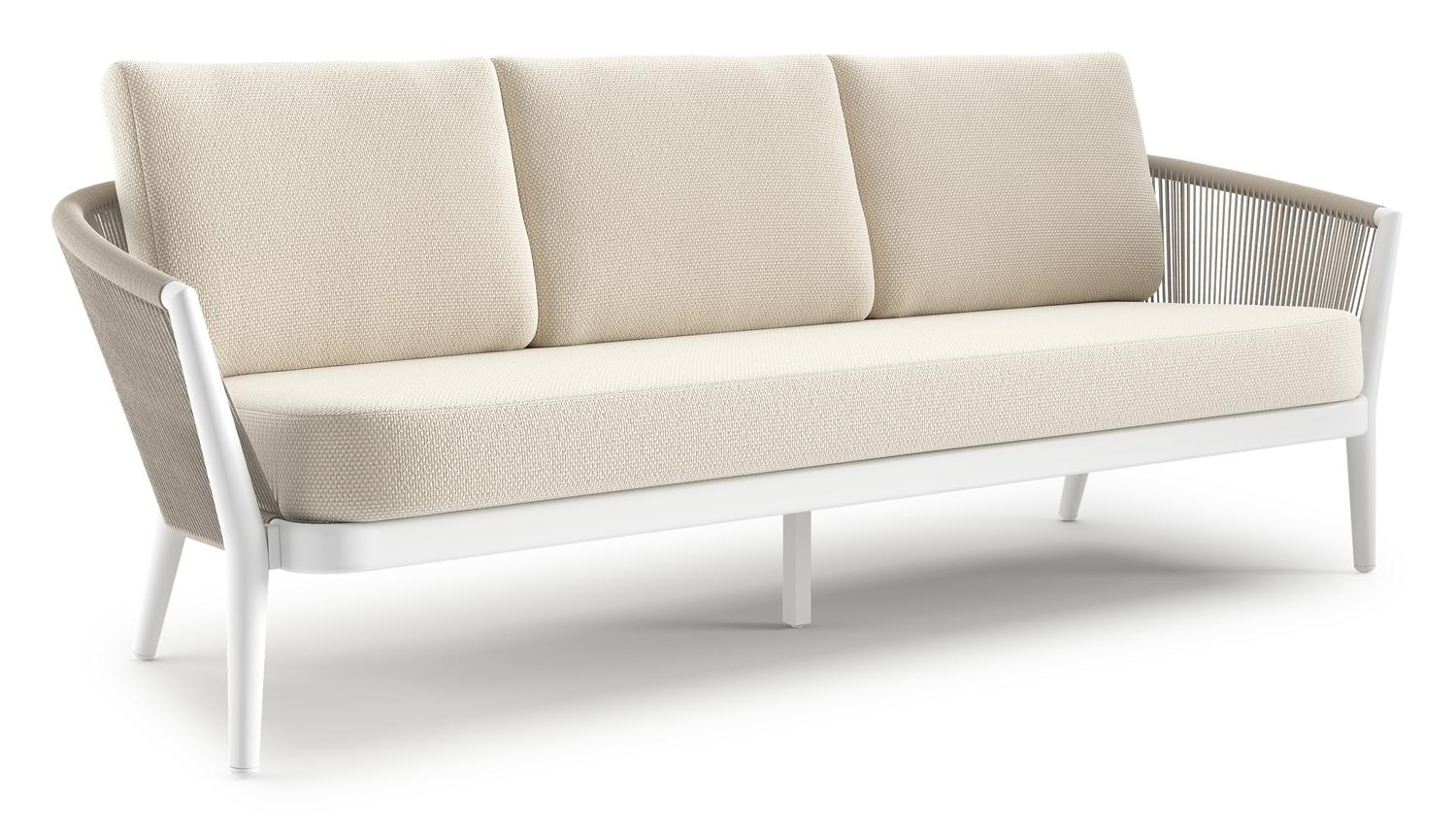 Orso loungebank in wit aluminium en beige verticaal geweven ronde rope met Althea Off White all weather cosytica kussen