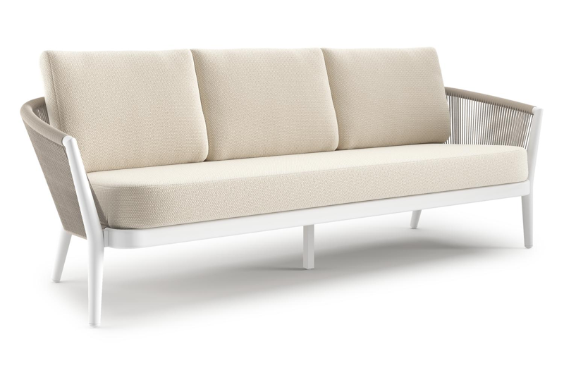 Canapé de jardin Orso en aluminium blanc en corde ronde tissée verticalement beige et coussins en all weather cosytica Althea Off White