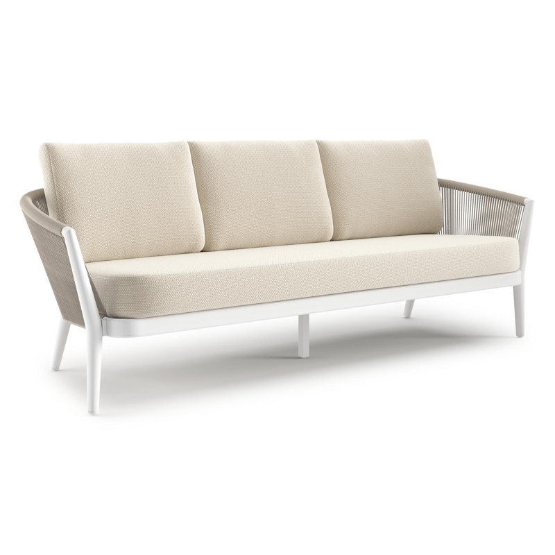 Canapé de jardin Orso en aluminium blanc en corde ronde tissée verticalement beige et coussins en all weather cosytica Althea Off White