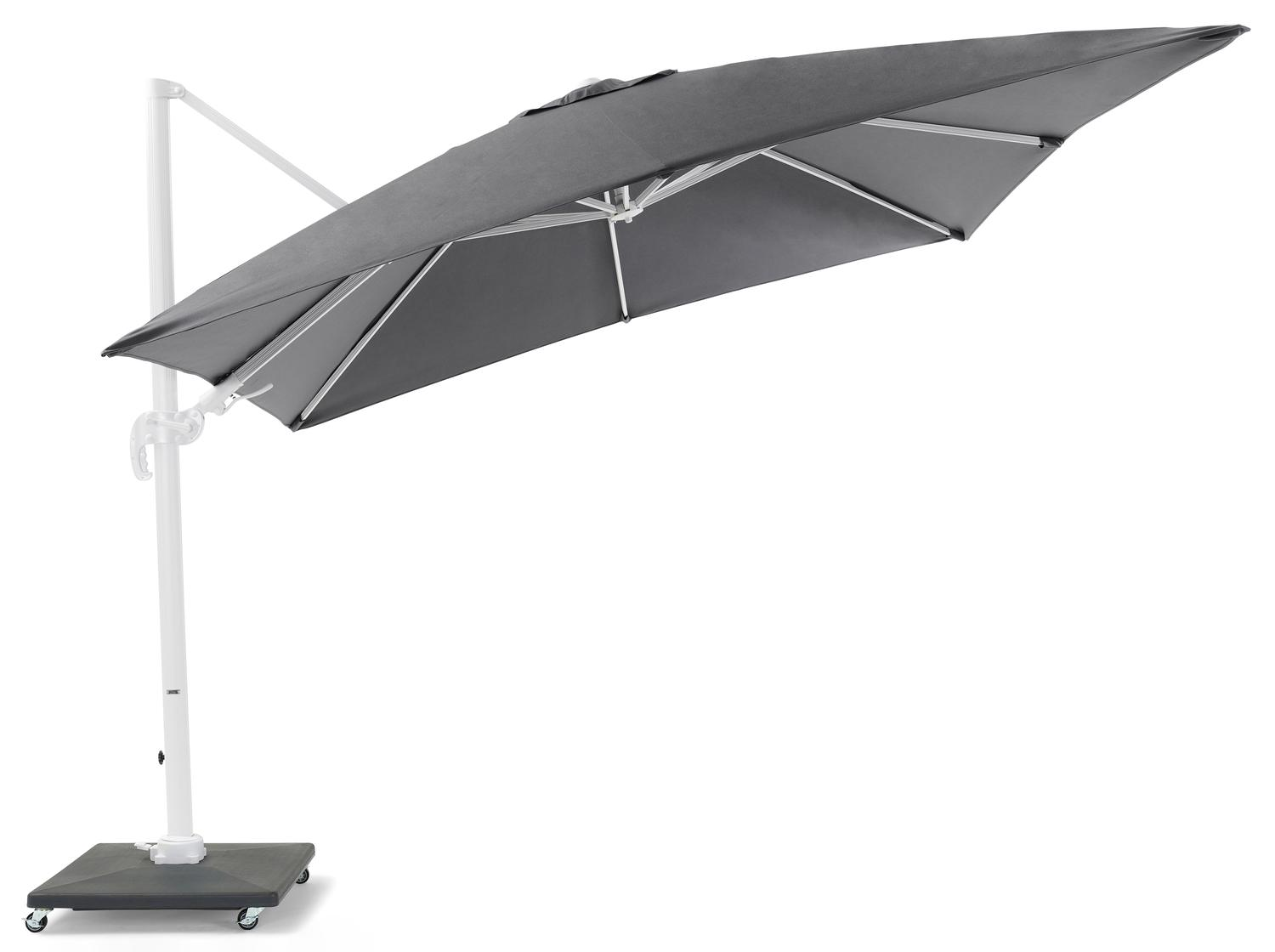 Avola zweefparasol met tiltfunctie in wit aluminium met grijs weather+ softtouch parasoldoek - L1 300 x L2 300 cm (met voet)