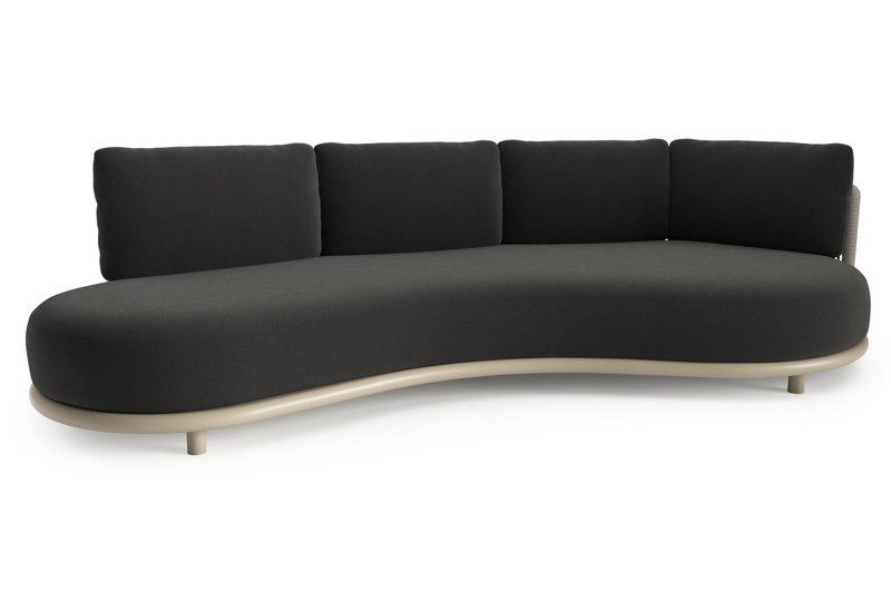 Lomano loungebank in beige aluminium en beige verticaal geweven luxe vlakke rope met natte sooty all weather sunbrella® luxe kussen