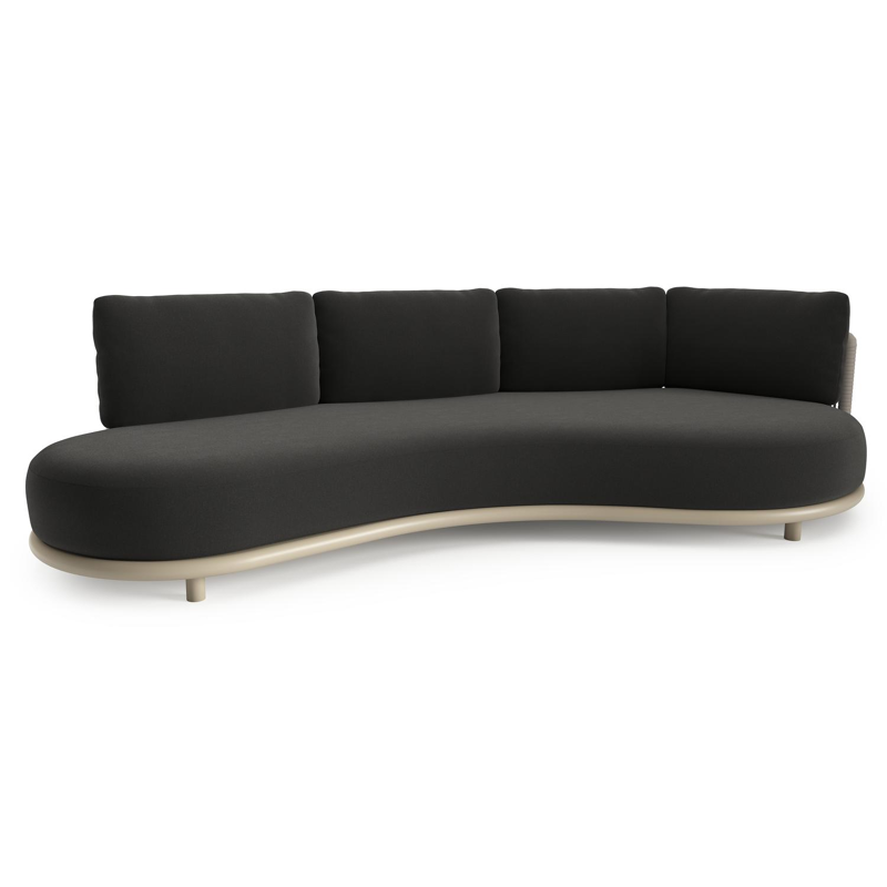 Lomano loungebank in beige aluminium en beige verticaal geweven luxe vlakke rope met natte sooty all weather sunbrella® luxe kussen