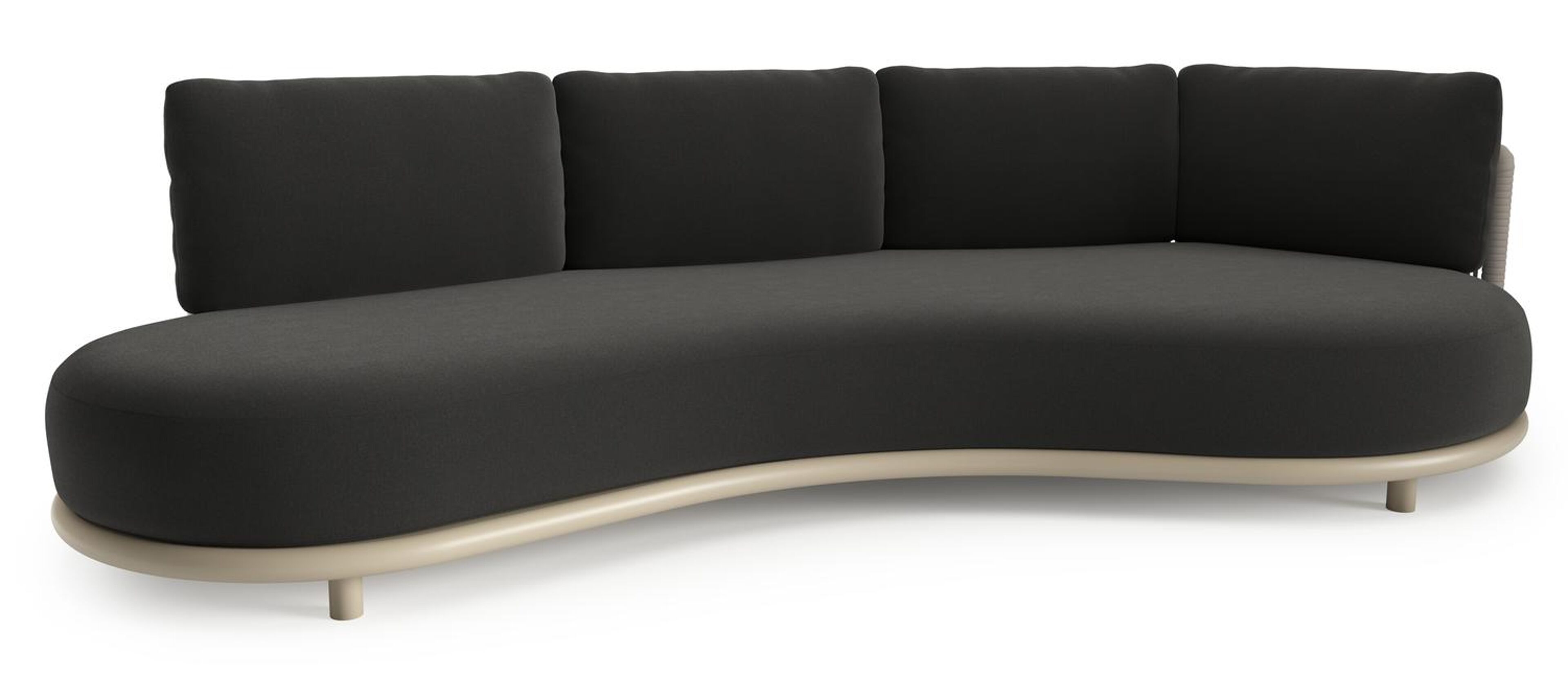 Lomano loungebank in beige aluminium en beige verticaal geweven luxe vlakke rope met natte sooty all weather sunbrella® luxe kussen