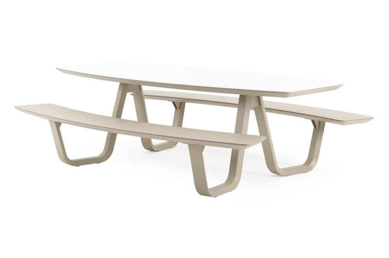 Forno picknicktafel bootvorm in beige aluminium en volkeramiek Arctic White - L 240 x B 181 x H 72 cm