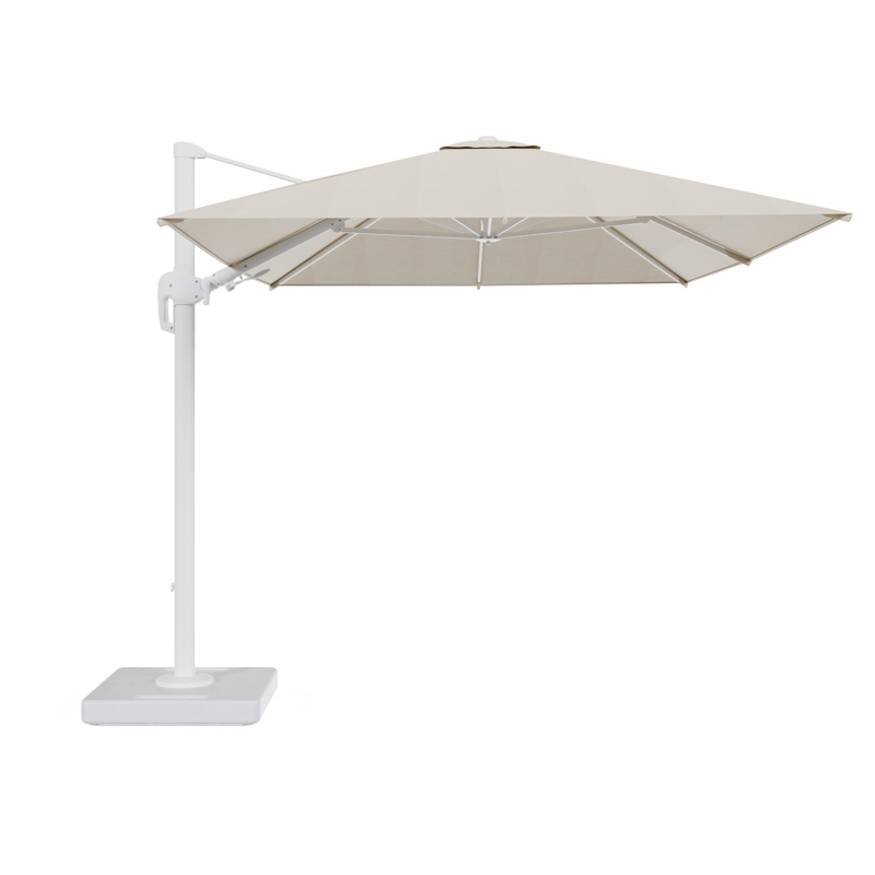 Rufina zweefparasol tiltfunctie in wit aluminium en parasoldoek in All Weather Sunbrella® Premium Beige - L1 350 x L2 250 cm met parasolvoet Lapido 160 kg