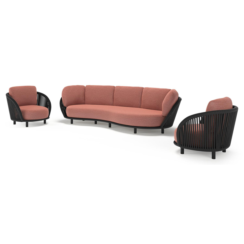 Lupino loungeset in zwart aluminium en zwart verticaal geweven luxe vlakke brede rope met slow alezan all weather sunbrella® luxe kussen