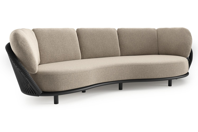 Lupino loungebank in zwart aluminium en zwart verticaal geweven luxe vlakke brede rope met chartres pewter all weather sunbrella® luxe kussen