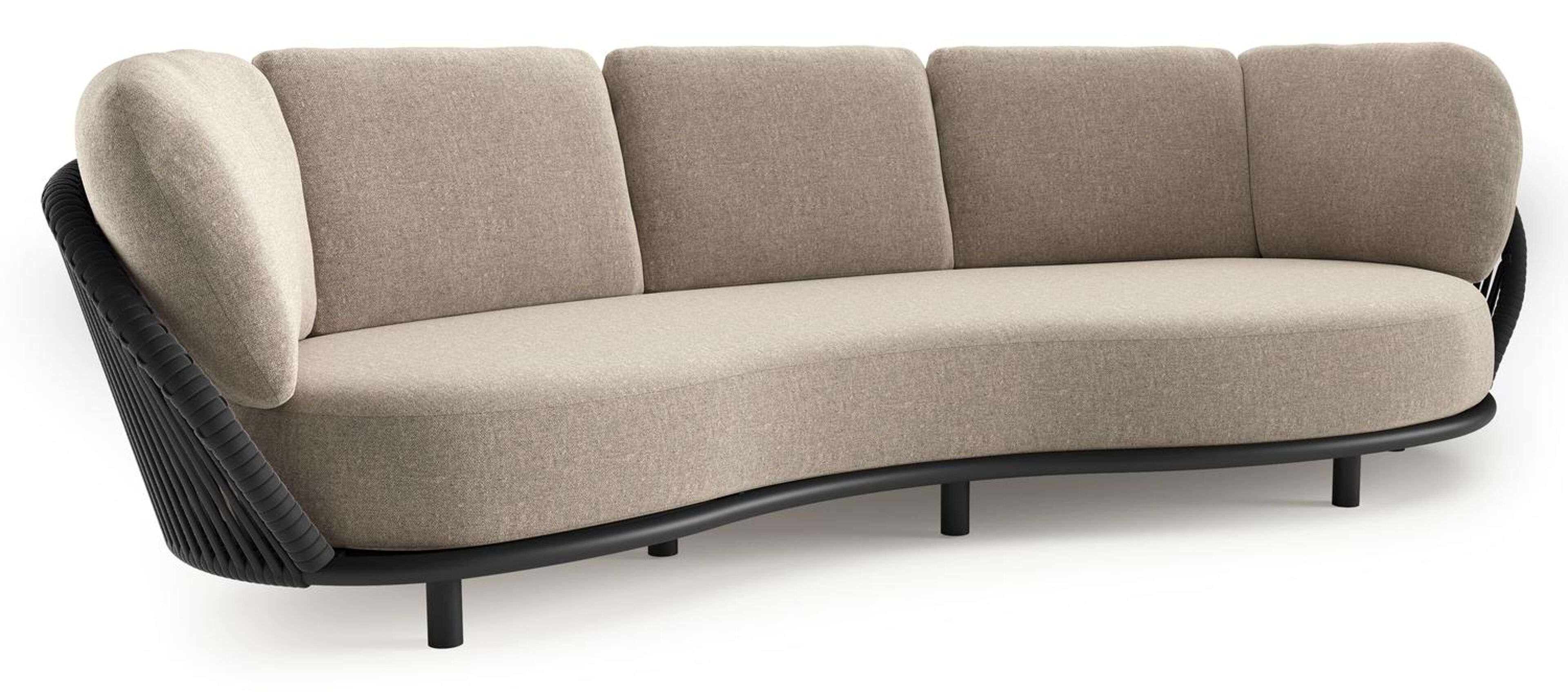 Lupino loungebank in zwart aluminium en zwart verticaal geweven luxe vlakke brede rope met chartres pewter all weather sunbrella® luxe kussen