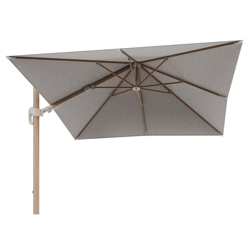 Parasol pendant Rufina avec fonction tilt en aluminium aspect de bois et toile de parasol en All Weather Sunbrella® Luxe Tundra Sand  - Lg.1 300 x Lg.2 300 cm (sans pied de parasol