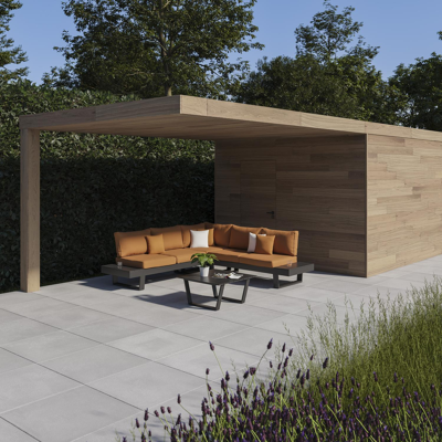 Alora loungehoek in zwart aluminium met pumpkin polyester kussens en loungetafel