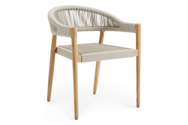 Tribola tuinstoel in teak en beige verticaal geweven ronde rope 
