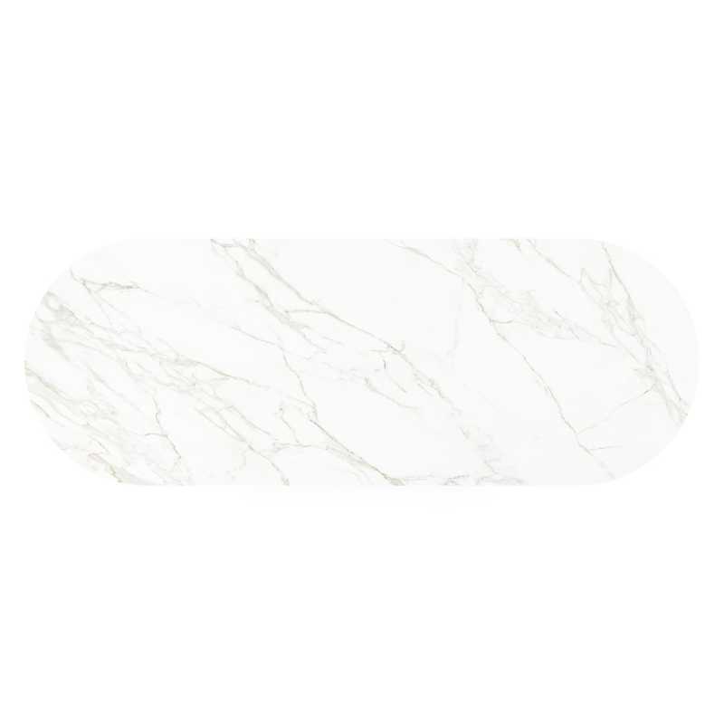Table de jardin Organo oval en aluminium blanc et céramique pleine calacatta - Lg. 300 x Lrg. 110 x Haut. 74 cm