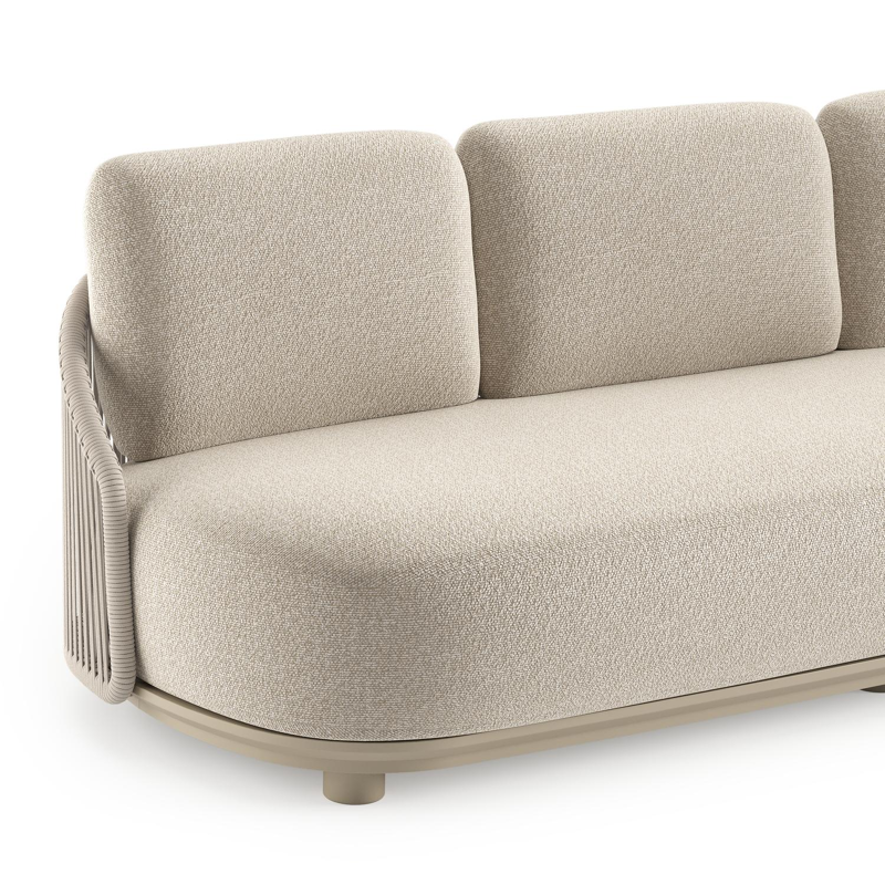 Canapé de jardin Vadelo en aluminium beige et corde ronde tissée verticalement beige et coussins en all weather cosytica marbella ecru