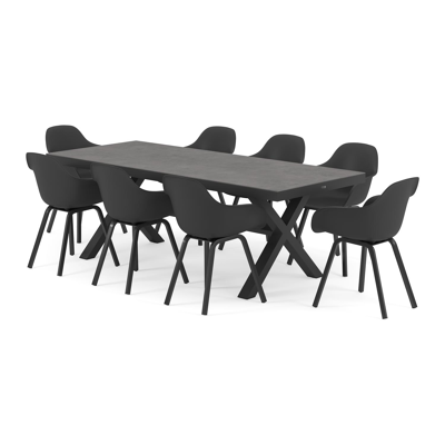 Ensemble de jardin Reza en aluminium noir avec plateau de table en céramique pleine gris et 8 chaises de jardin Puglia