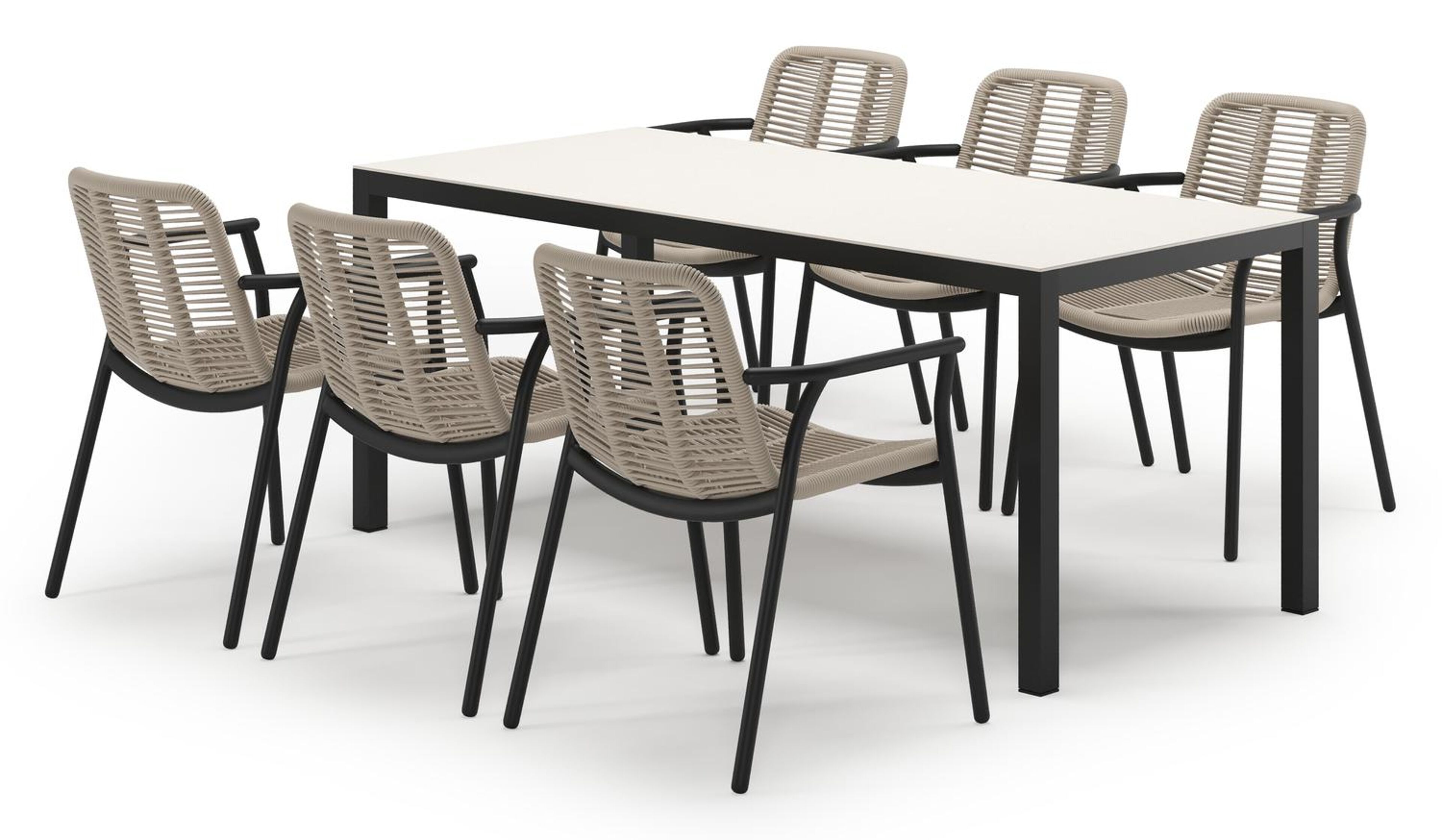Feltro tuinset in zwart aluminium en sintered stone Crema minerale met 6 Berga tuinstoelen