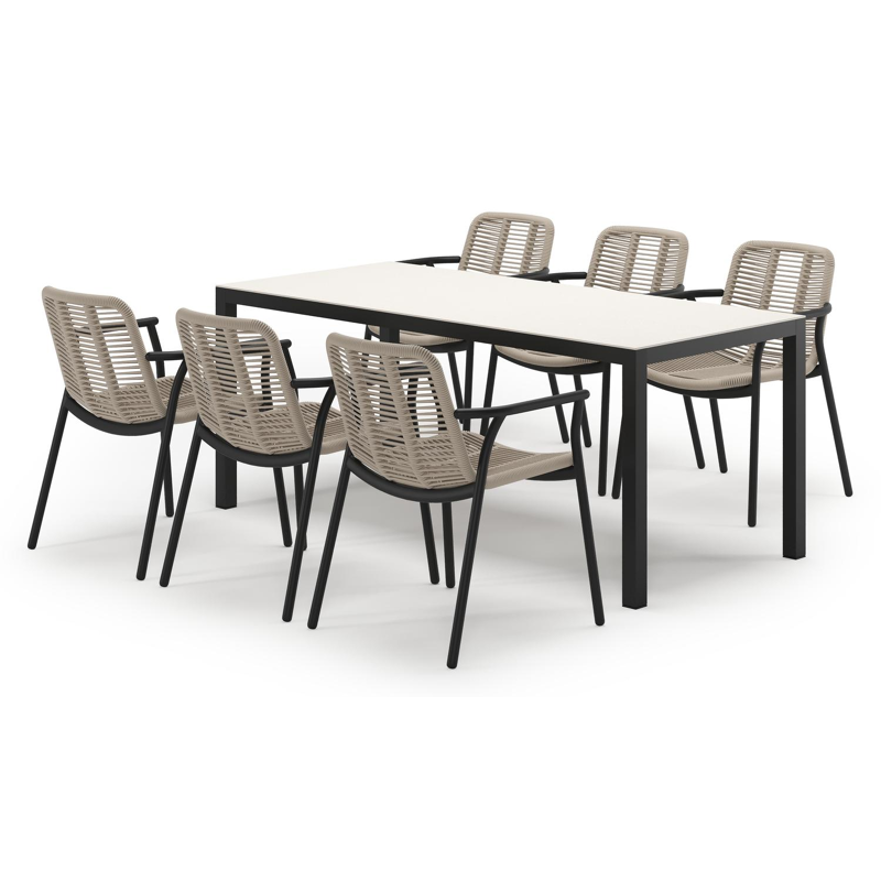 Feltro tuinset in zwart aluminium en sintered stone Crema minerale met 6 Berga tuinstoelen