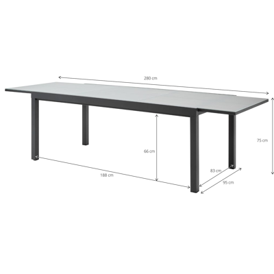 Oviedo tuinset met verlengbare tafel in zwart aluminium en grijs glas tafelblad met 8 stapelbare Oviedo tuinstoelen
