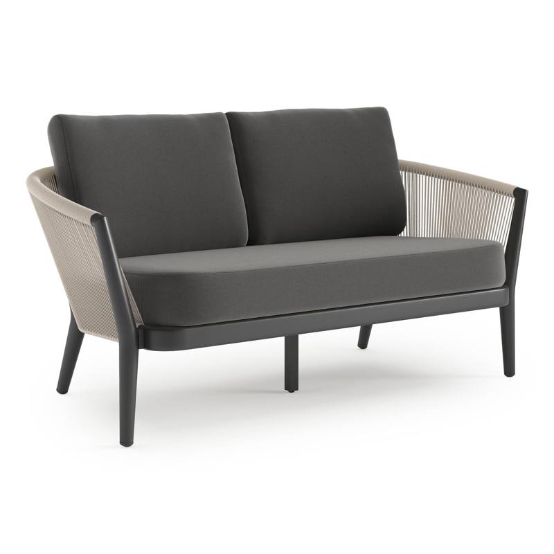 Orso loungebank in zwart aluminium en beige verticaal geweven ronde rope met Natte Charcoal Chine all weather sunbrella® luxe kussen