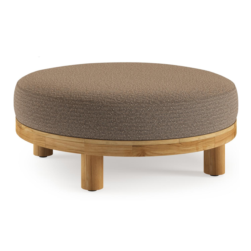 Donato lounge poef in teak en beige verticaal geweven ronde rope met all weather solica Firenze Bamboe kussen