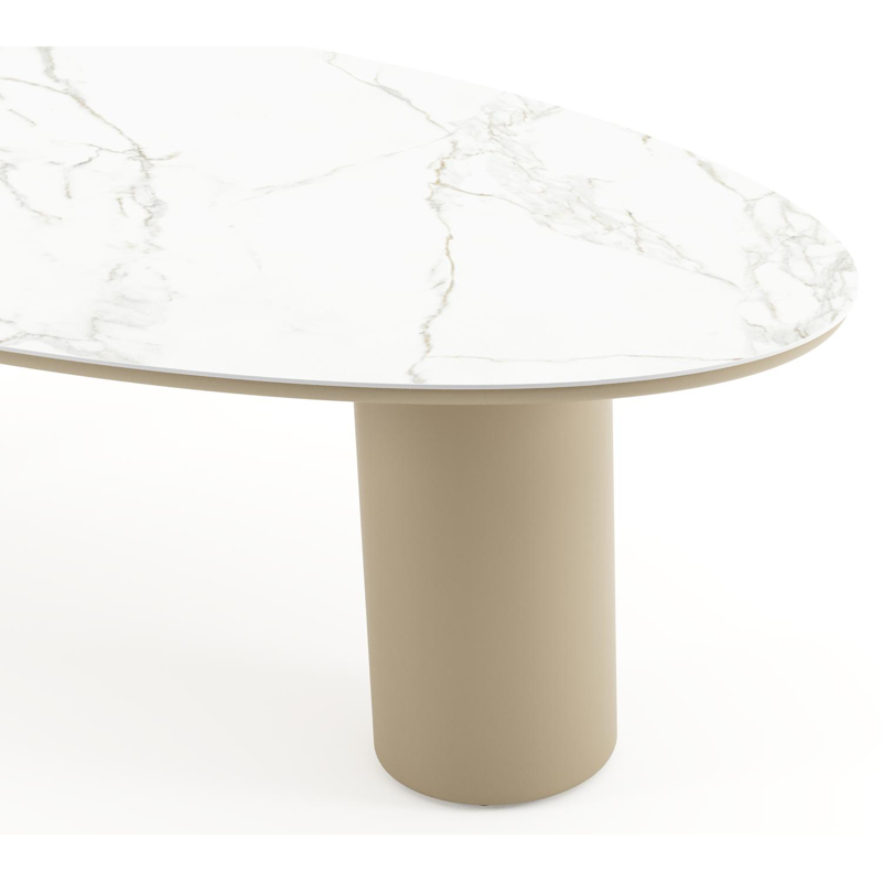 Table de jardin Amico oval en aluminium beige et céramique pleine Calacatta - Lg. 260 x Lrg. 125 x Haut. 74 cm