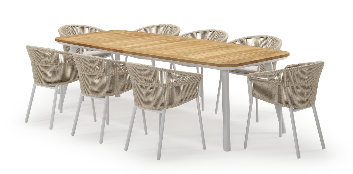 Mosa ensemble de jardin forme de bateau en aluminium blanc en teck natural finish avec 8 chaises de jardin Matera