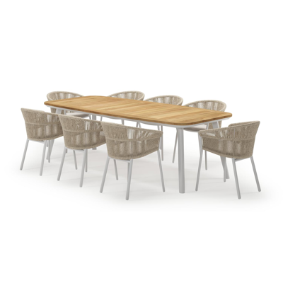 Mosa bootvormige tuinset in wit aluminium en teak natural finish met 8 Matera tuinstoelen