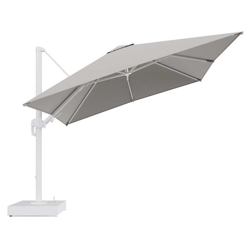 Rufina zweefparasol met tiltfunctie in wit aluminium en Firenze Sand All Weather Solica parasoldoek - L1 300 x L2 300 cm met parasolvoet Minore 150 kg met wielen