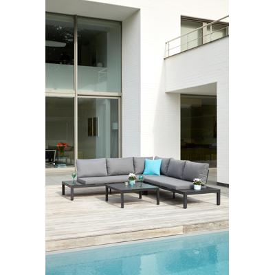 Toma loungehoek in zwart aluminium met grijs polyester kussens en loungetafel