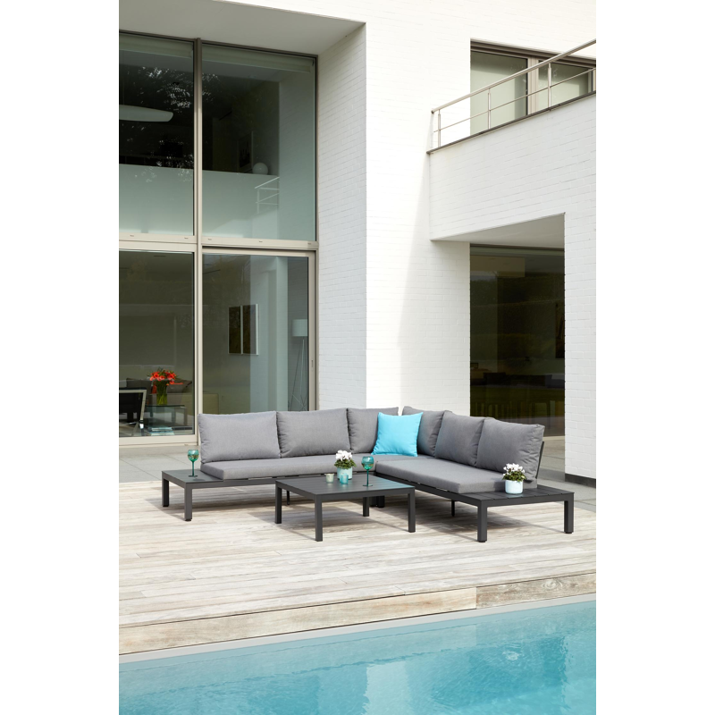 Toma loungehoek in zwart aluminium met grijs polyester kussens en loungetafel