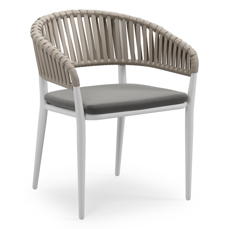 Tolfa stapelbare tuinstoel in wit aluminium en beige verticaal geweven luxe vlakke brede rope met stoelkussen in All Weather Sunbrella® Luxe Natte Charcoal Chine