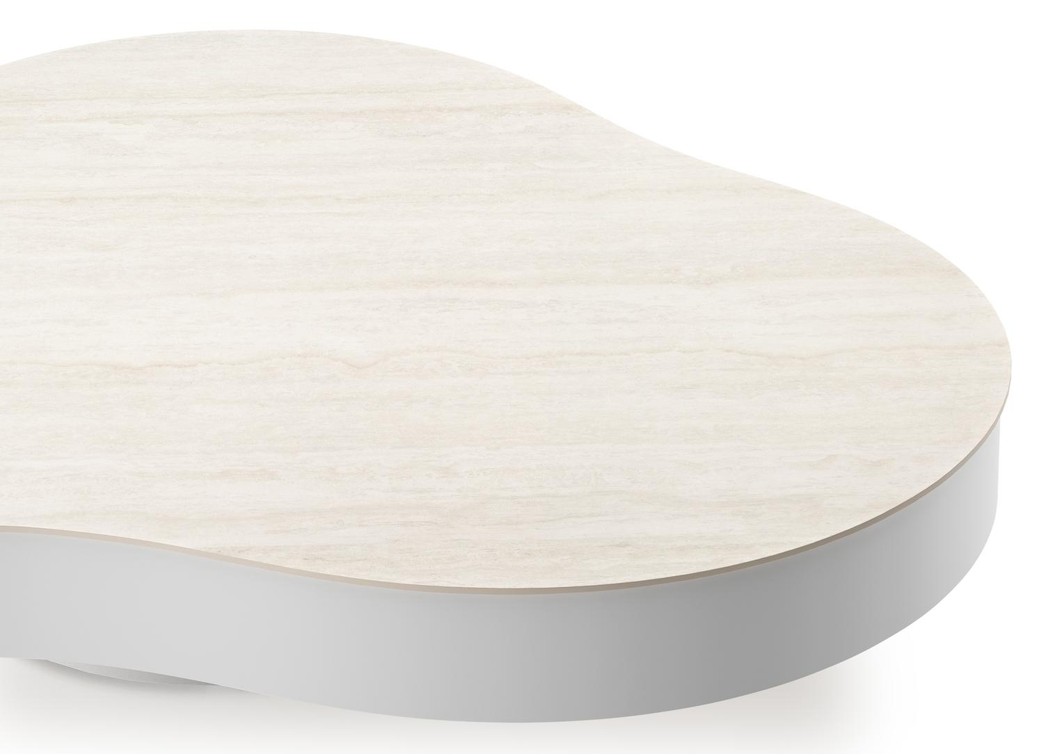 Table de basse Lomano cloud en aluminium blanc et céramique pleine Travertino Bianco - Lg. 131 x Lrg. 108 x Haut. 25 cm