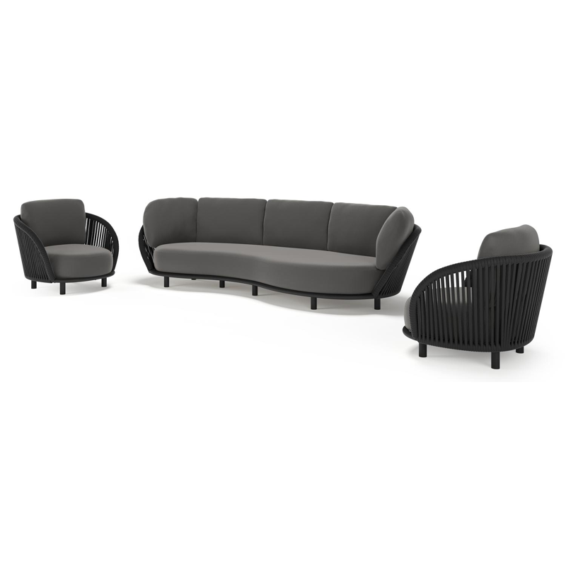 Lupino loungeset in zwart aluminium en zwart verticaal geweven luxe vlakke brede rope met natte charcoal chine all weather sunbrella® luxe kussen