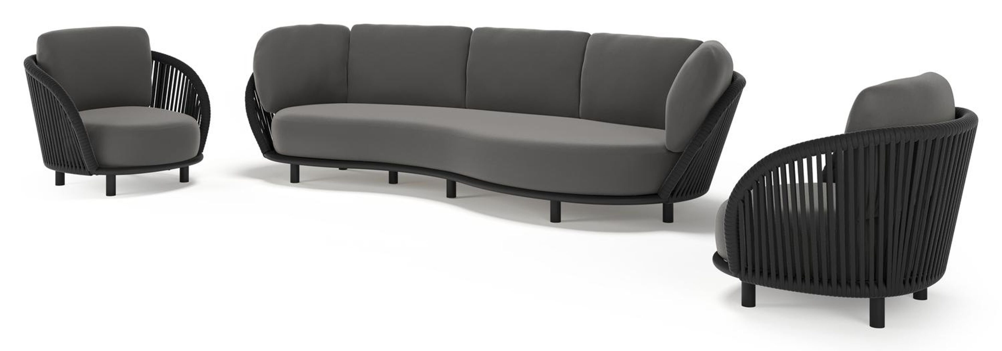 Lupino loungeset in zwart aluminium en zwart verticaal geweven luxe vlakke brede rope met natte charcoal chine all weather sunbrella® luxe kussen