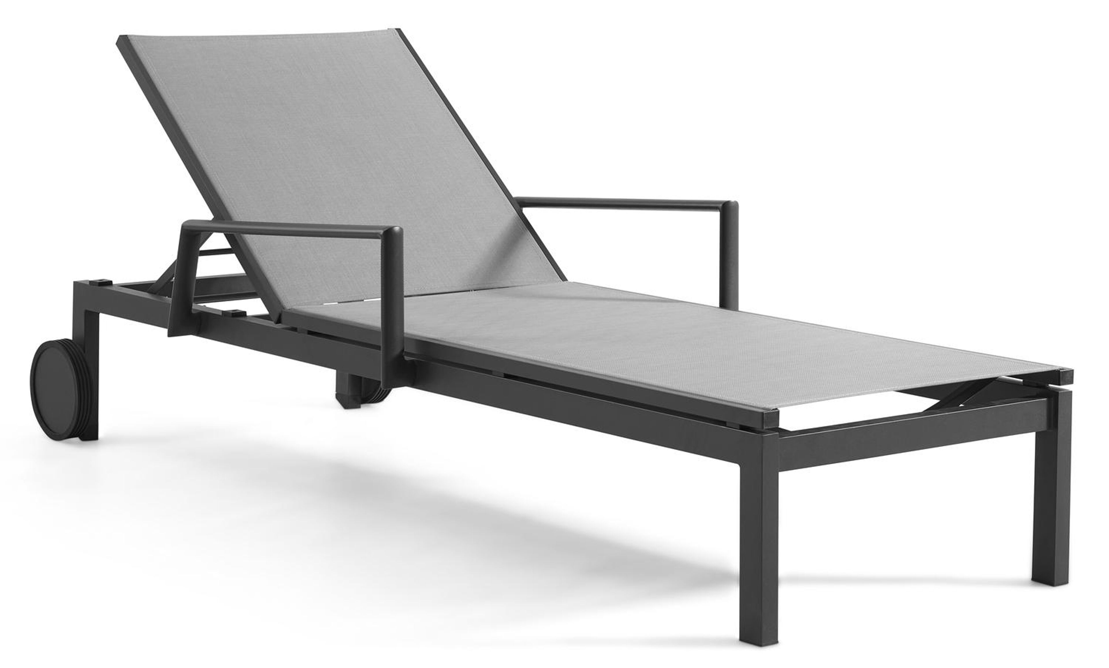 Chaise longue réglable Caravelle en aluminium noir avec textilène gris avec accoudoir