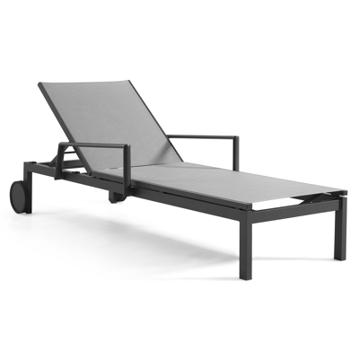 Chaise longue réglable Caravelle en aluminium noir avec textilène gris avec accoudoir