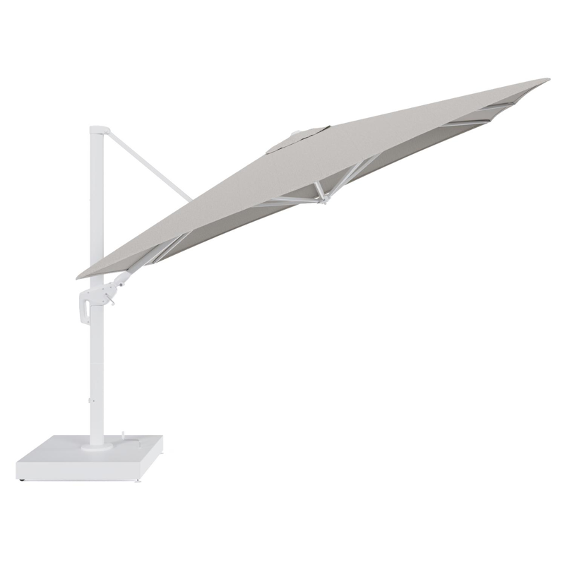 Minore zweefparasol met tiltfunctie in wit aluminium en Firenze Sand All Weather Solica parasoldoek - L1 280 x L2: 370 cm met parasolvoet Minore 260 kg met wielen