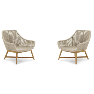 Set van 2 Borgo loungestoelen 2 x 1-zit in teak en beige verticaal geweven ronde rope