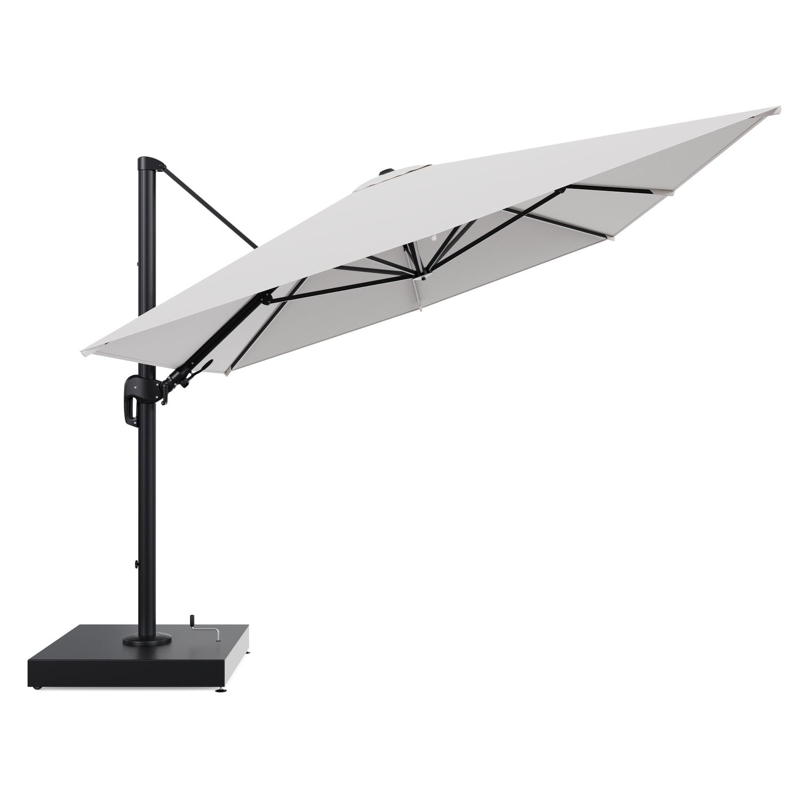 Rufina zweefparasol met tiltfunctie in zwart aluminium en Ego Eggshell All Weather Solica parasoldoek - L1 400 x L2 300 cm met parasolvoet Minore 260 kg met wielen