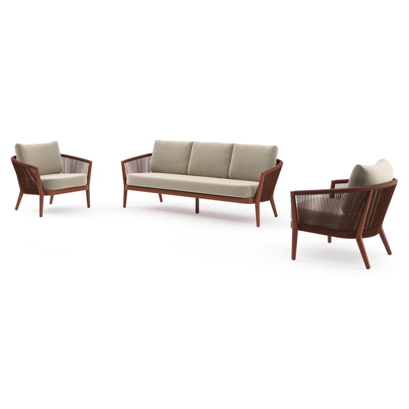 Orso loungeset in roestbruin aluminium en roestbruin verticaal geweven ronde rope met Marbella Sand all weather cosytica kussen