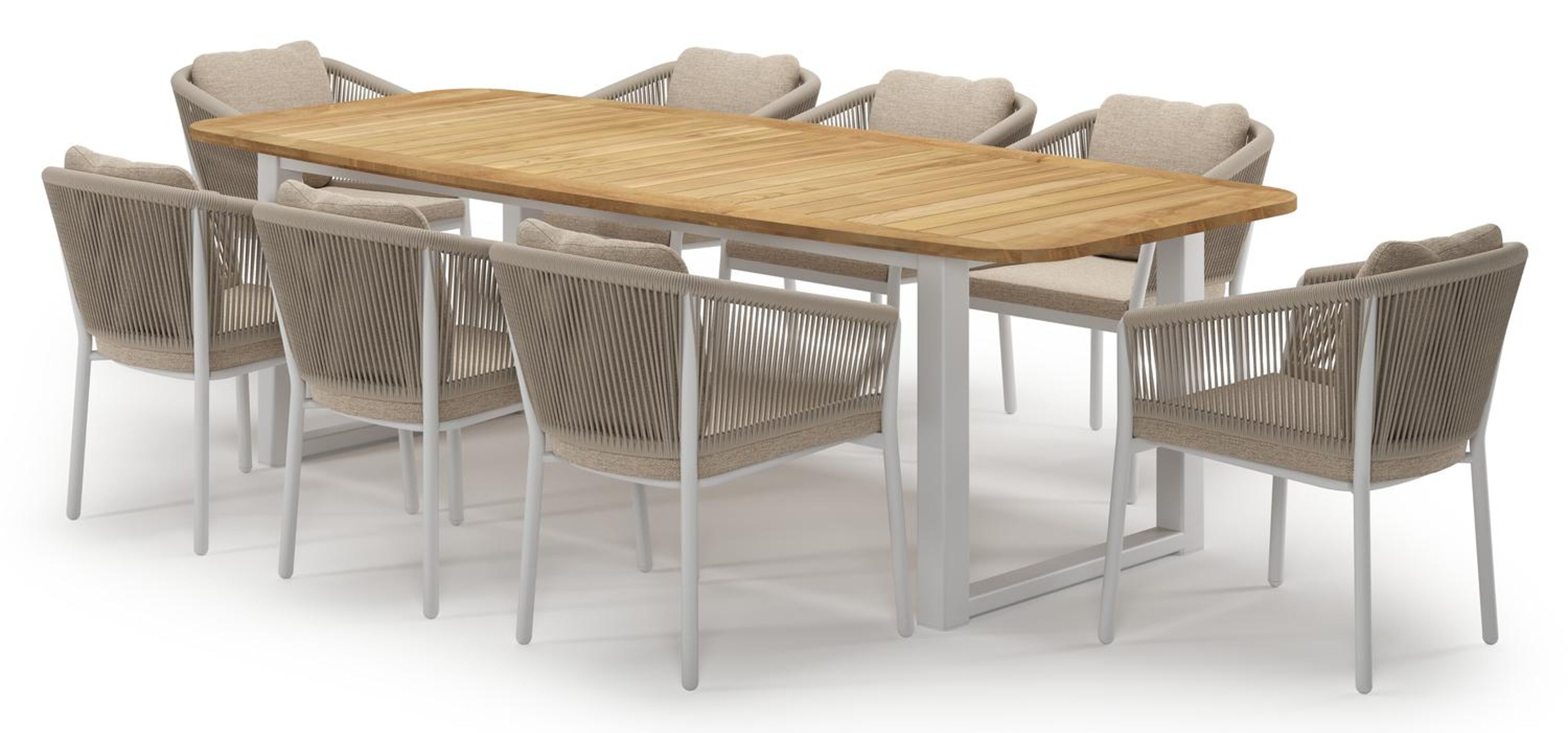 Livo tuinset in wit aluminium en teak met 8 Gerona tuinstoelen met kussen