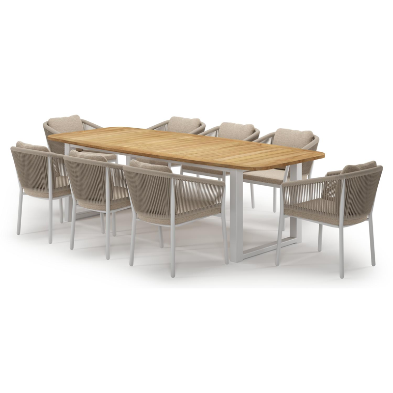 Livo tuinset in wit aluminium en teak met 8 Gerona tuinstoelen met kussen