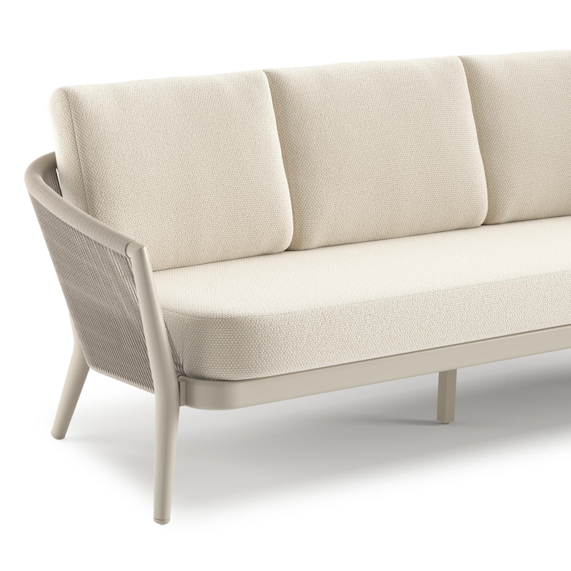 Orso loungebank in beige aluminium en beige verticaal geweven ronde rope met Althea Off White all weather cosytica kussen