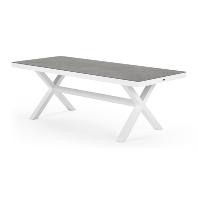 Ensemble de jardin Reza en aluminium blanc avec plateau de table en céramique pleine gris et 6 chaises de jardin empilables Calobra