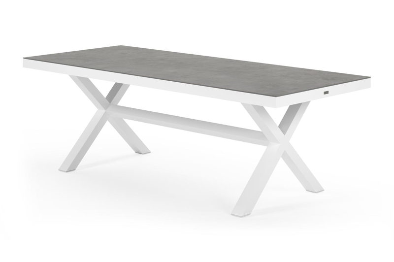 Table de jardin Reza rectangulaire en aluminium blanc et céramique pleine gris - Lg. 220 x Lrg. 92 x Haut. 73,5 cm